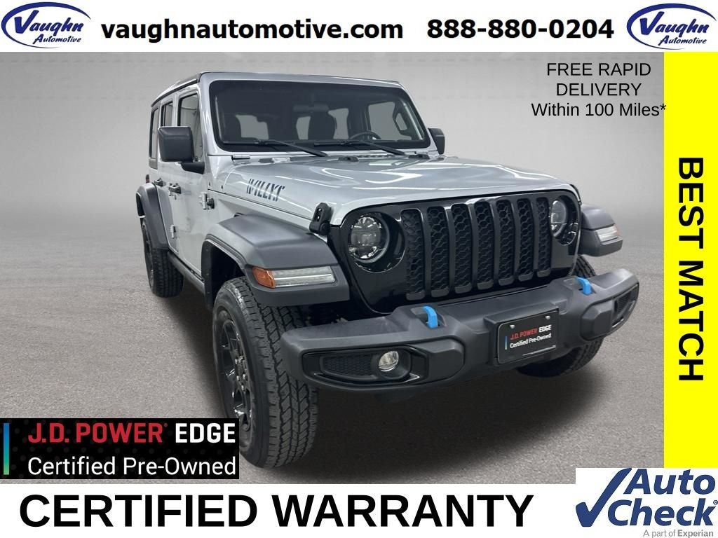 2023 Jeep Wrangler Willys 4xe in Silver Zynith Clearcoat — front three-quarter view