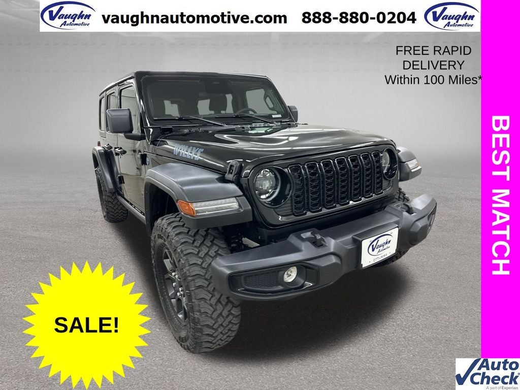 2025 Jeep Wrangler Willys 4xe in Black Clearcoat — front three-quarter view