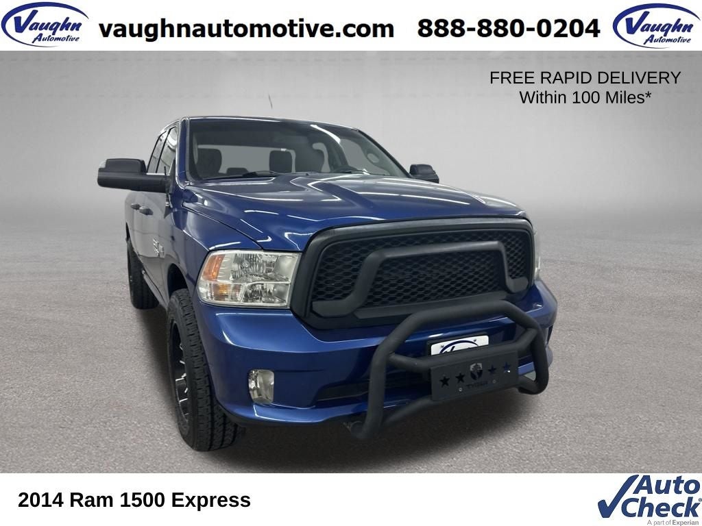 2014 RAM 1500 Express in Blue Streak Pearlcoat — front three-quarter view