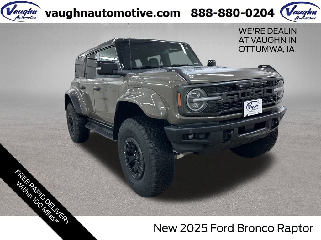 2025 Ford Bronco Raptor in Marsh Gray — front three-quarter view