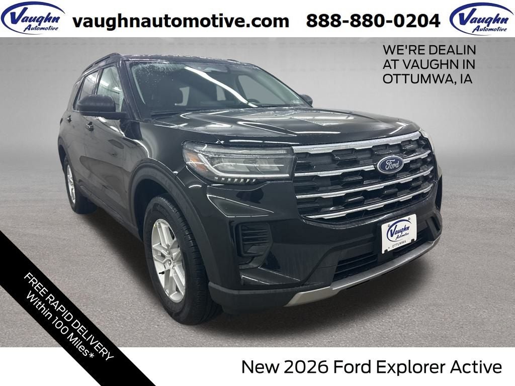 2026 Ford Explorer Active in Agate Black Metallic — front three-quarter view