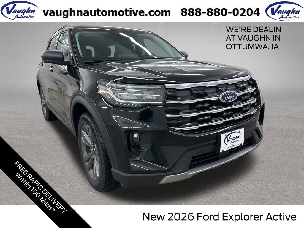 2026 Ford Explorer Active in Agate Black Metallic — front three-quarter view