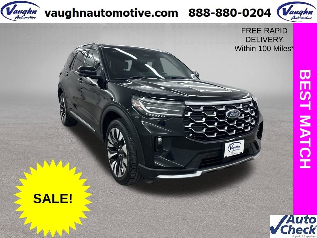 2025 Ford Explorer Platinum in Agate Black Metallic — front three-quarter view