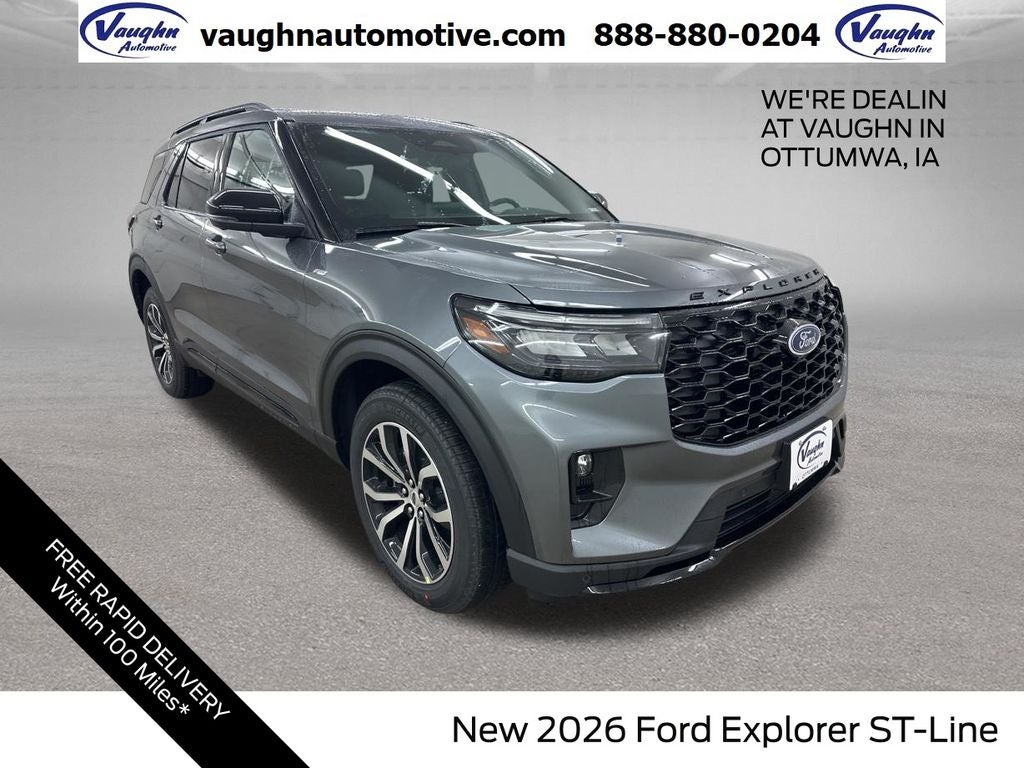 2026 Ford Explorer ST-Line in Gray Metallic — front three-quarter view