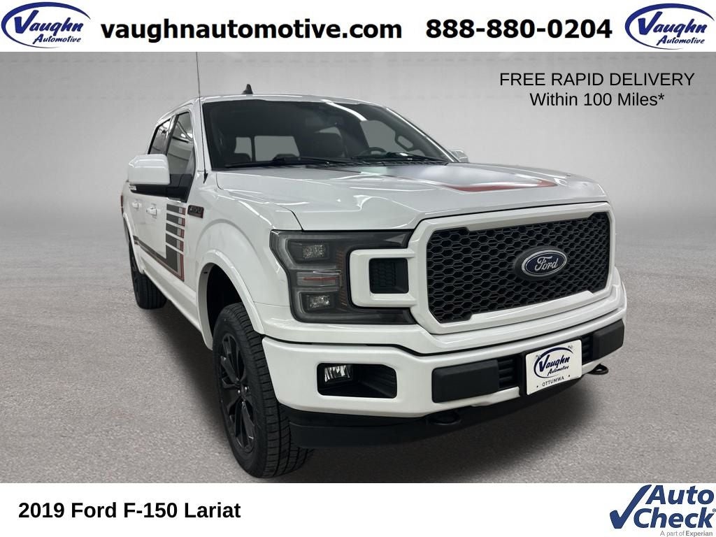 2019 Ford F-150 Lariat in Oxford White — front three-quarter view