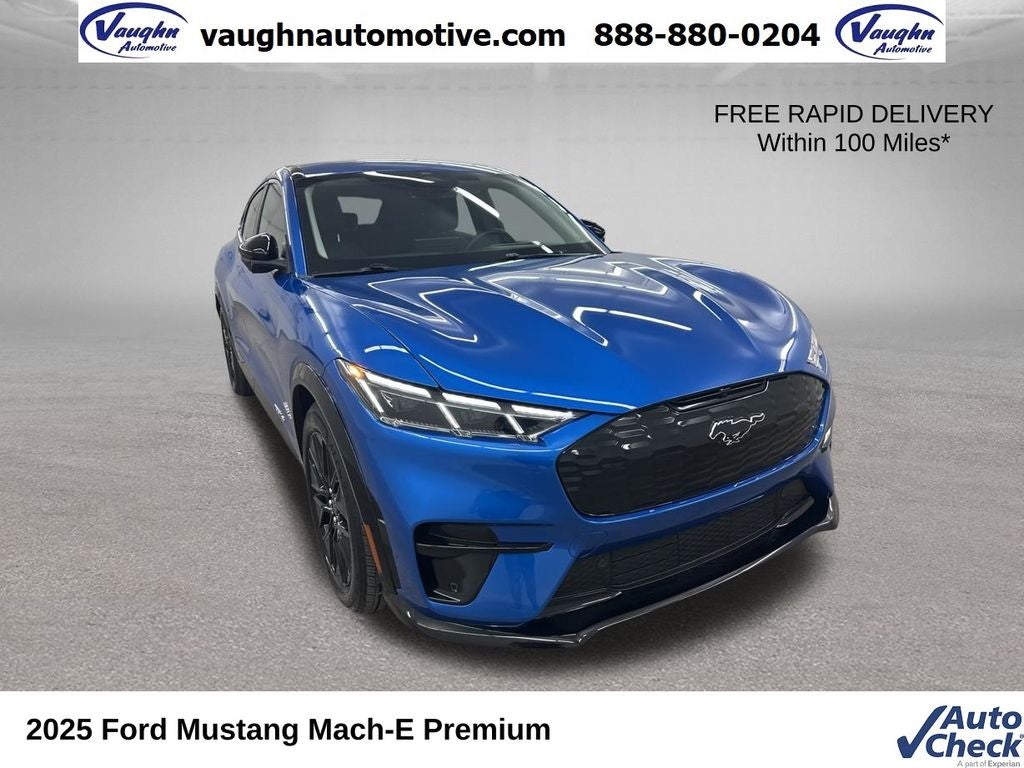 2025 Ford Mustang Mach-E Premium in Velocity Blue Metallic — front three-quarter view
